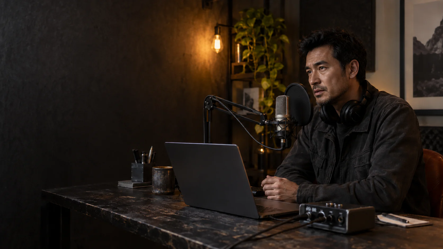 A professional working with voice tools at a studio desk